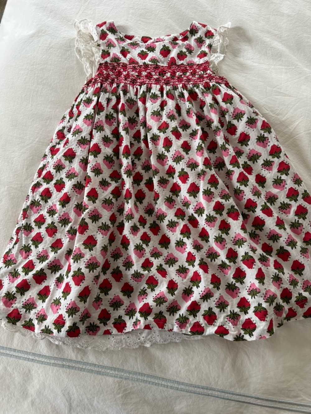 Mini Boden White Dress with Pink and Red Strawberry Print